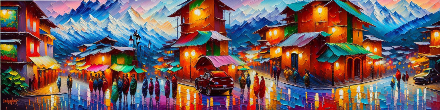 Impressionistic snowy village painting with colorful buildings