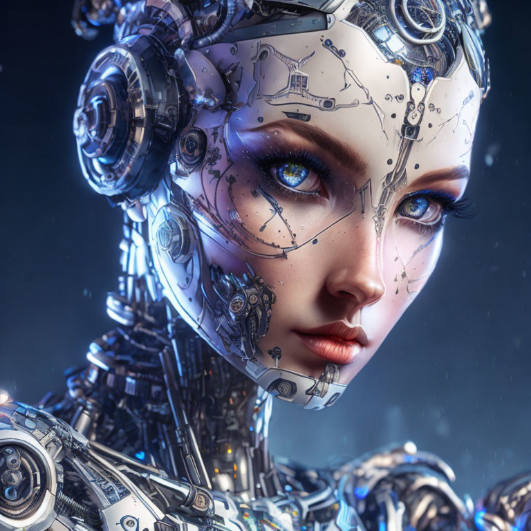 Female humanoid robot with intricate blue-eyed details on dark bokeh-lit background