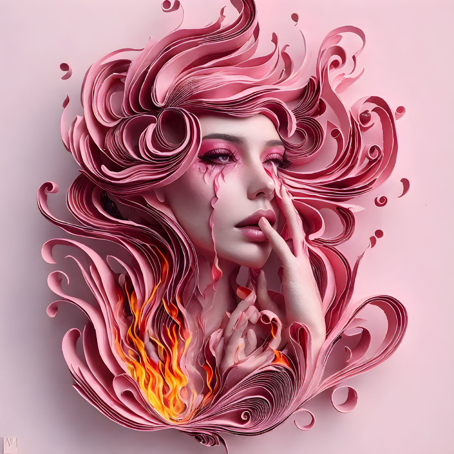 Stylized woman with swirling pink and red hair forms on pale background