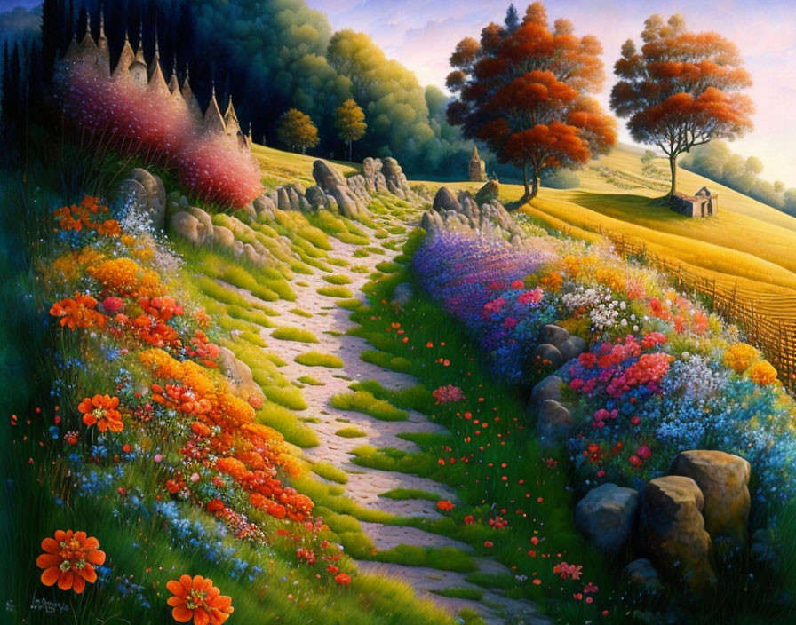 Colorful Landscape with Winding Path, Flowers, Rocks, and Trees