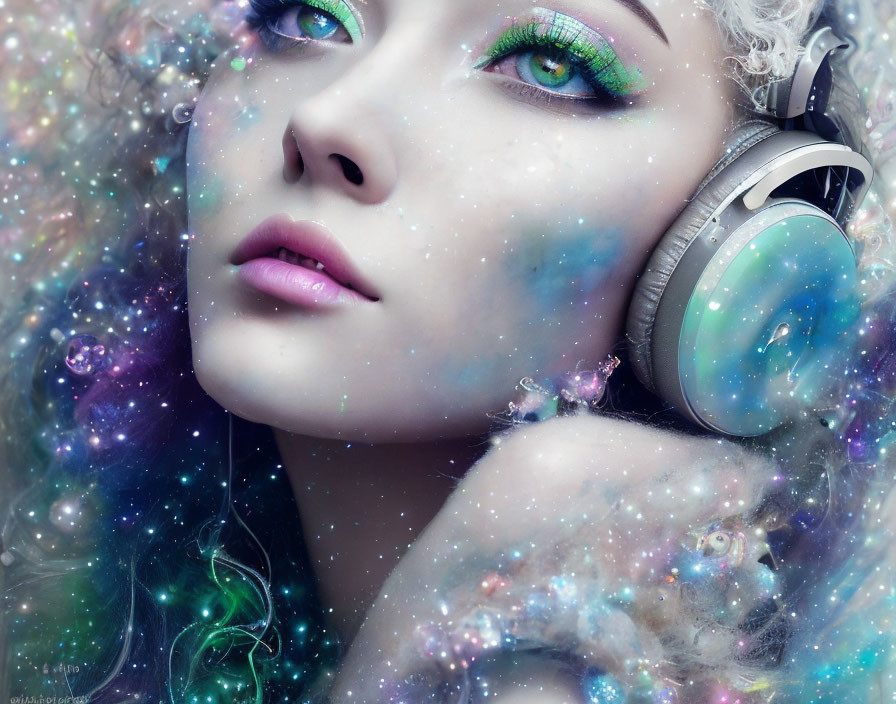 Vibrant green-eyed person in surreal cosmic setting