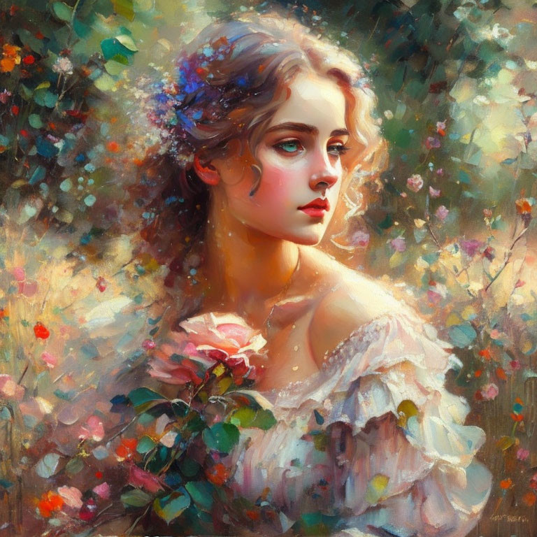 Wistful young woman with flowers in hair against vibrant floral backdrop