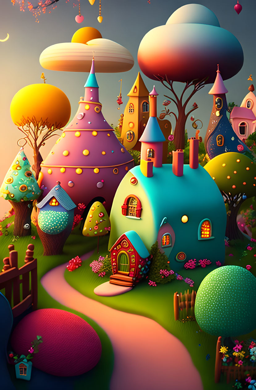 Vibrant fantasy landscape with whimsical mushroom houses and floating islands