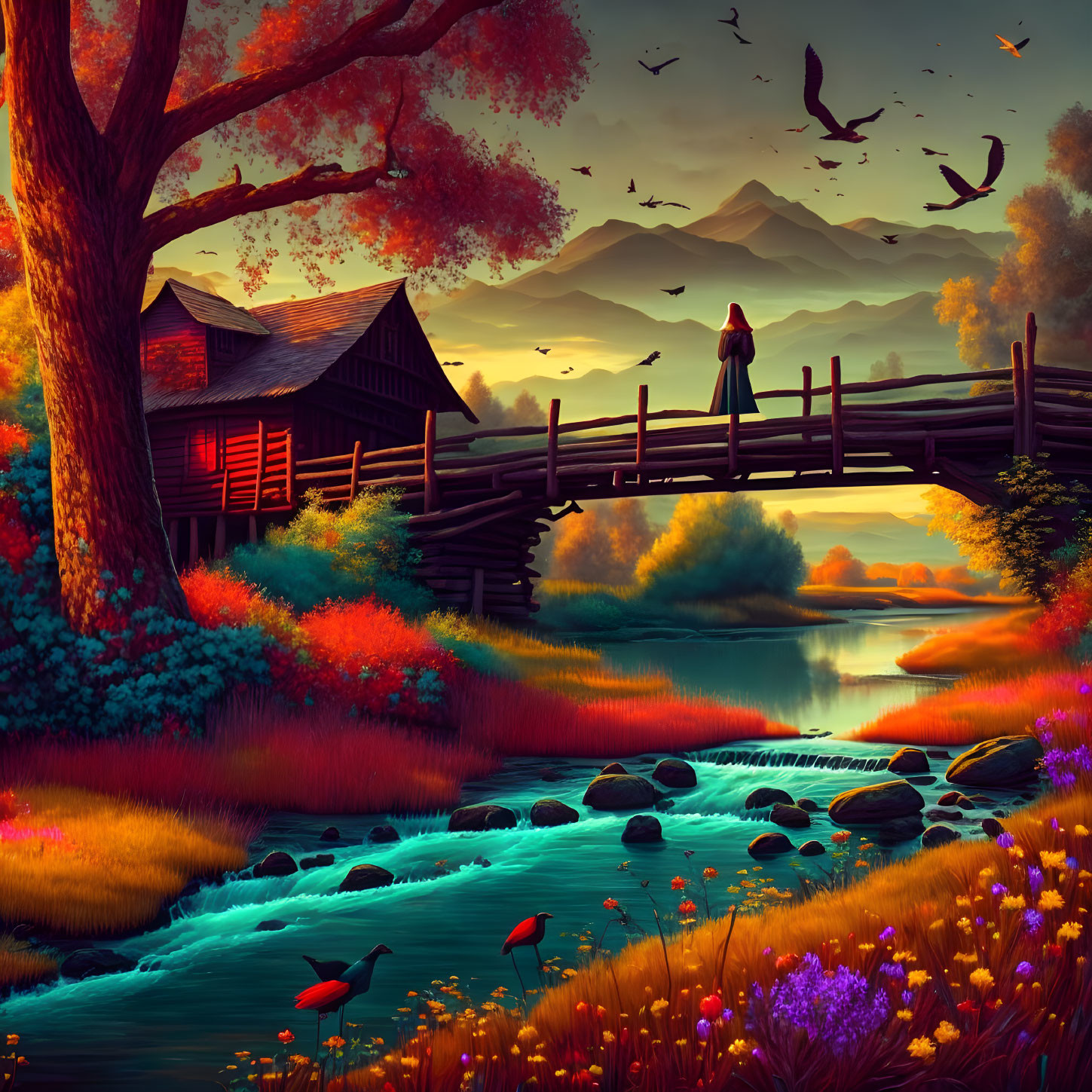 Tranquil landscape with woman on bridge, stream, lake, flowers, trees, birds, cabin