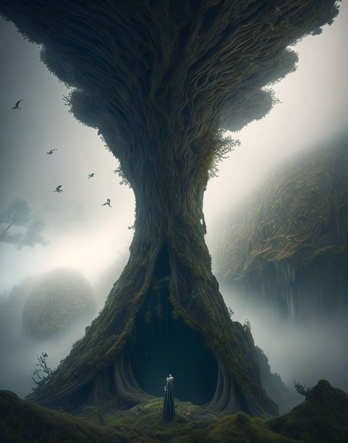 Person at entrance of massive tree hollow in mystical scene with fog, smaller trees, and flying birds