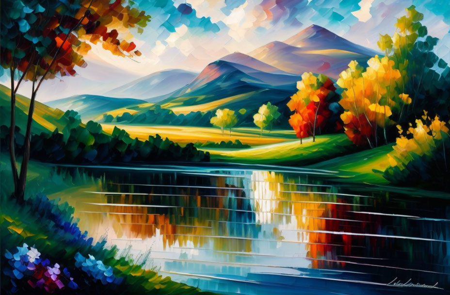 Colorful Landscape Painting: Reflective Lake, Rolling Hills, Autumn Trees