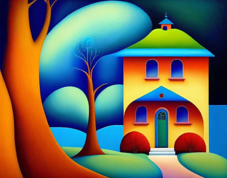 Colorful Blue and Orange Landscape with Whimsical Tree and Bell Tower