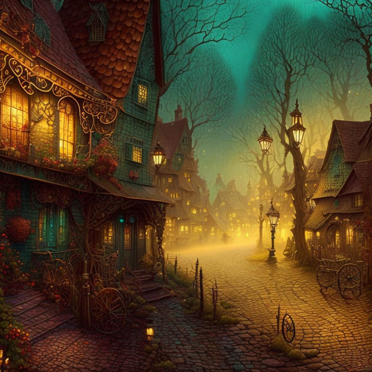 Charming cobblestone street in magical village at twilight