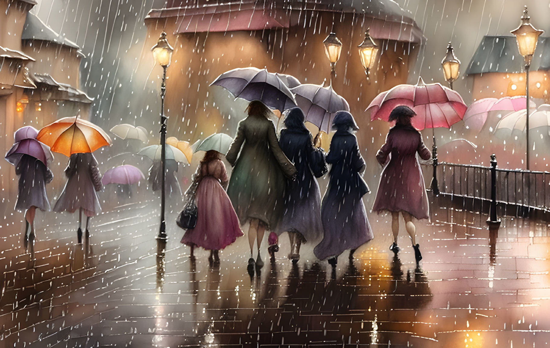 Rainy street scene with people and umbrellas under warm streetlights