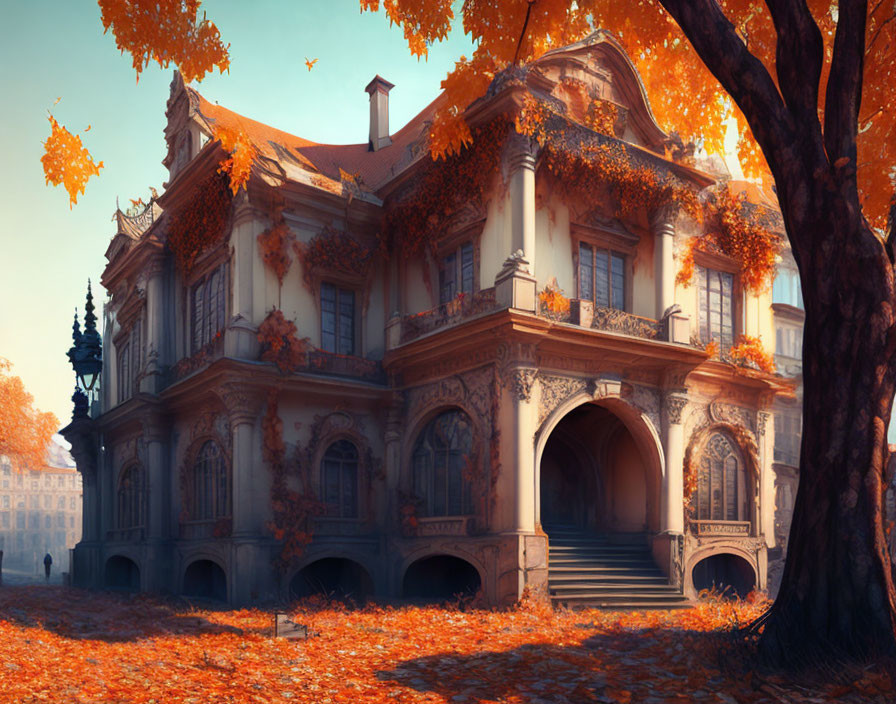 Baroque mansion in autumn setting with fallen leaves and golden sunlight.