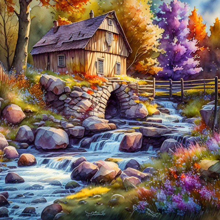 Rustic cabin near stream with autumn foliage & stone bridge in woodland.