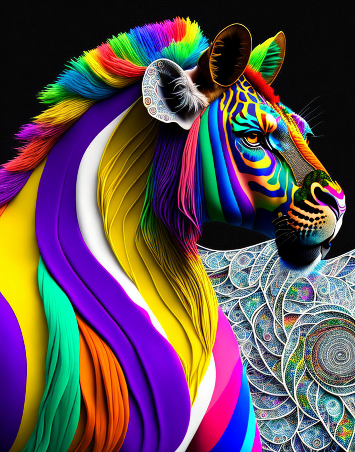 Colorful Zebra Artwork with Intricate Patterns on Black Background