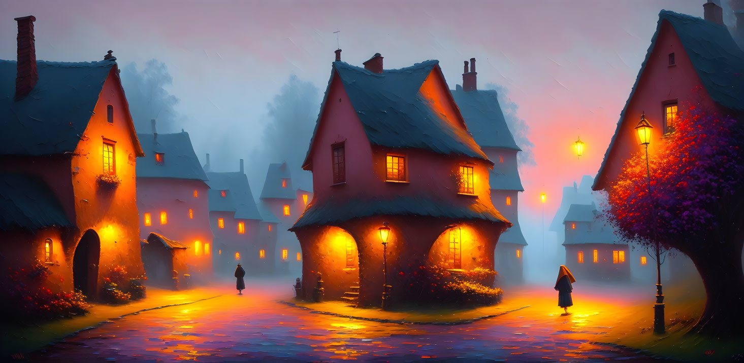 Twilight village street with warmly lit cottages