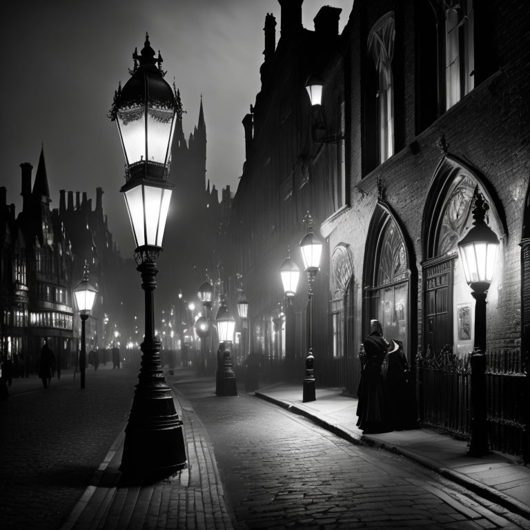 Monochrome Victorian scene: Person in attire by shop on foggy, cobbled street.