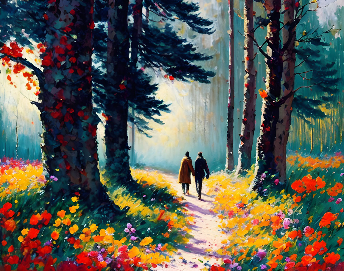 Colorful painting of two people walking in a forest surrounded by flowers and trees