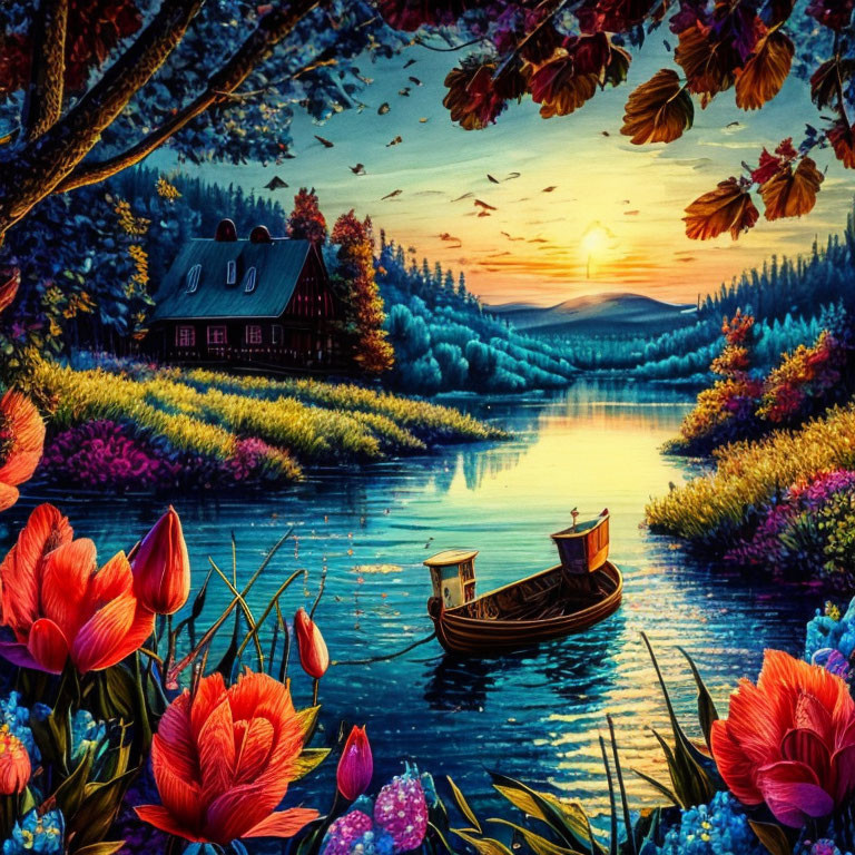 Vibrant riverside sunset painting with cottage, boat, flowers