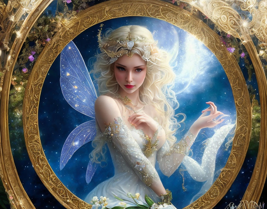 Ethereal fairy in white gown with delicate wings in golden ornate frame