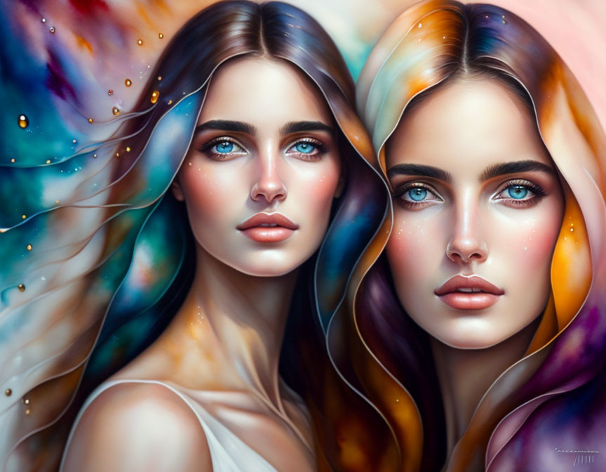 Stylized women with vibrant hair and blue eyes on colorful background