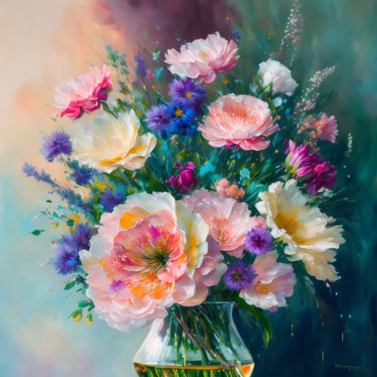 Colorful Flowers in Glass Vase on Multi-Colored Background