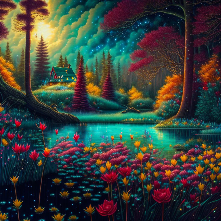 Colorful starlit landscape with cozy cabin, flowers, lake, pine trees & magical night sky