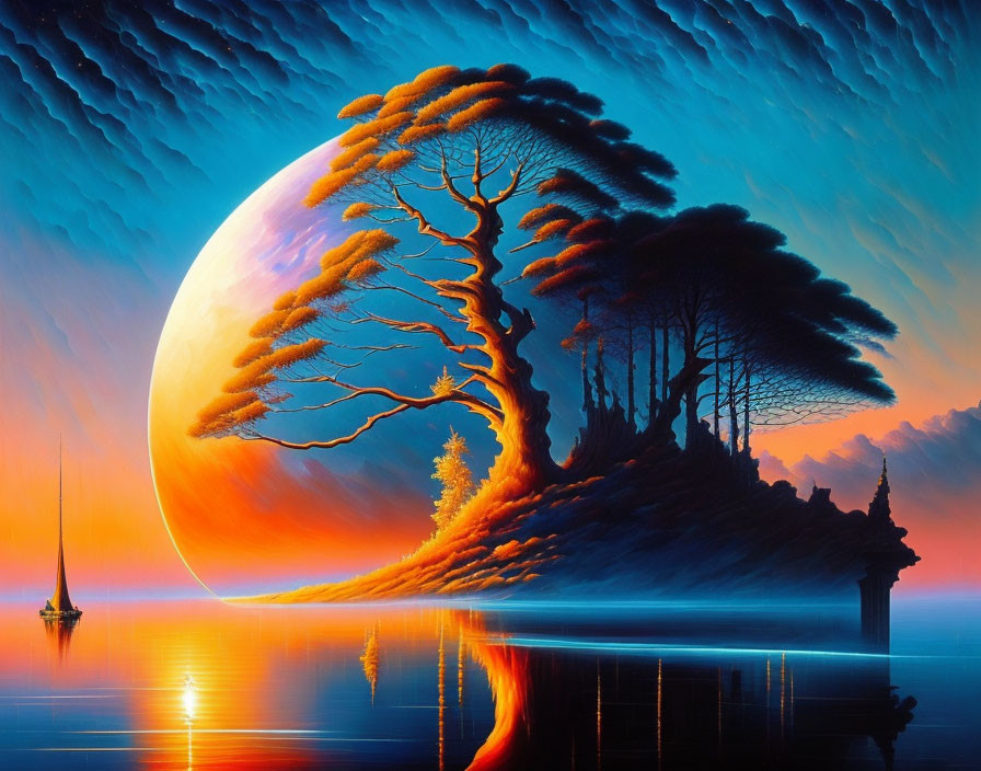 Colorful surreal landscape with moon, ocean, boat, and tree on cliff