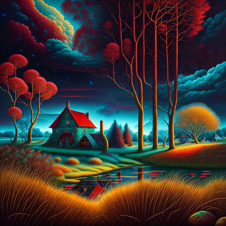 Vibrant nighttime cottage scene with glowing clouds and starry sky