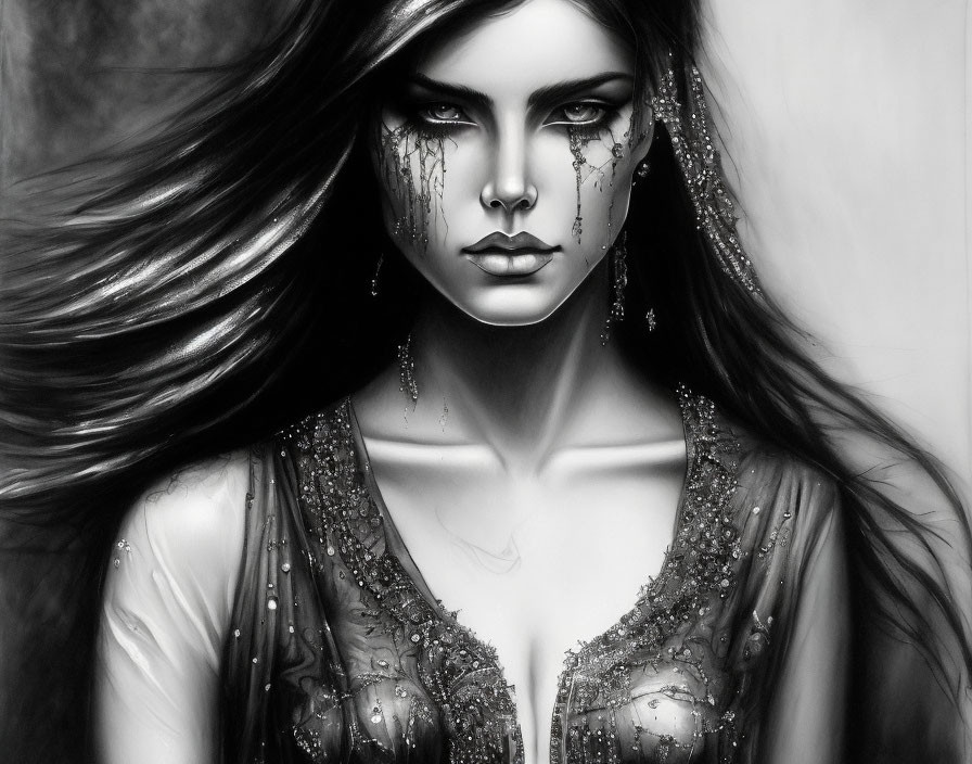 Monochrome digital art of woman with flowing hair and teardrop designs