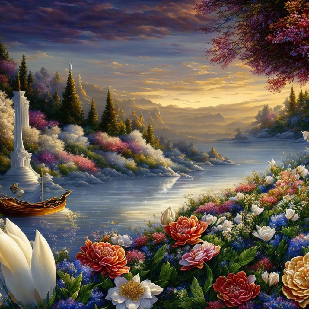 Scenic landscape with river, boat, flowers, trees, and mountains