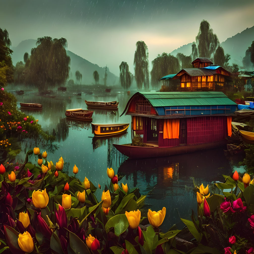 Tranquil lake with illuminated houseboats and tulips under rainy twilight sky