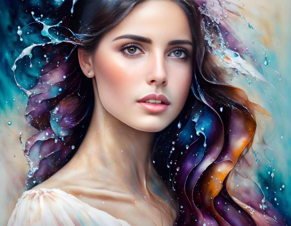 Vibrant digital artwork: Woman with flowing water-like hair and detailed face