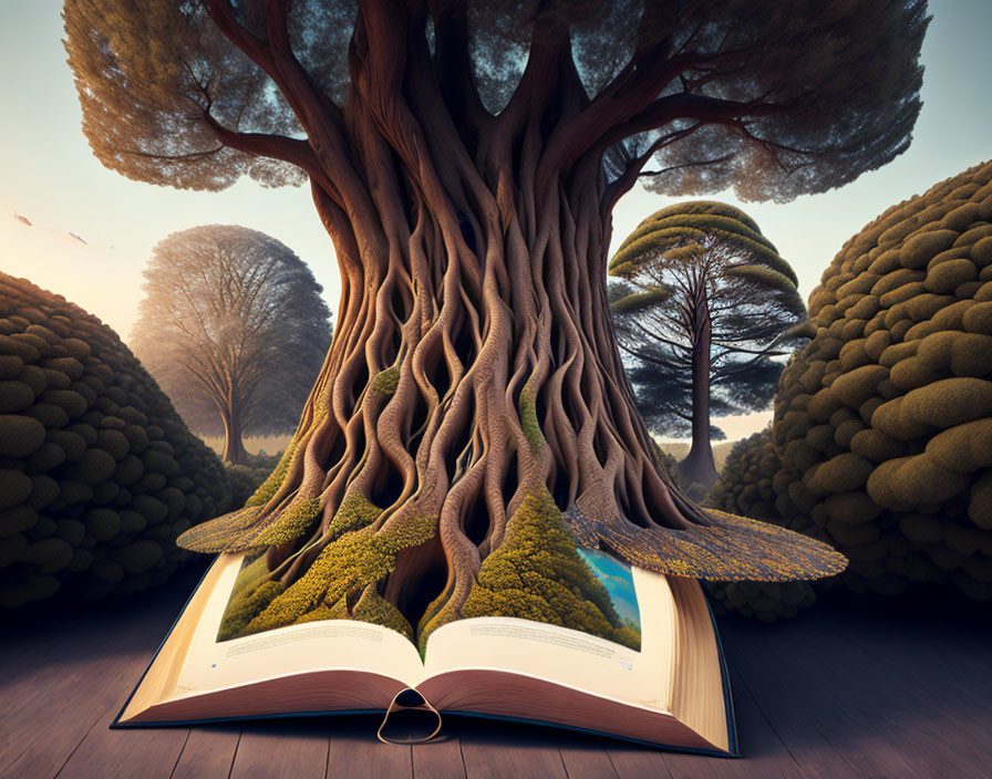 Open book transforming into majestic tree in serene landscape