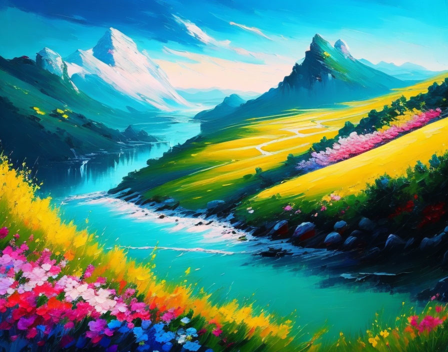 Colorful Valley Landscape with River, Flower Fields, and Snow-Capped Mountains