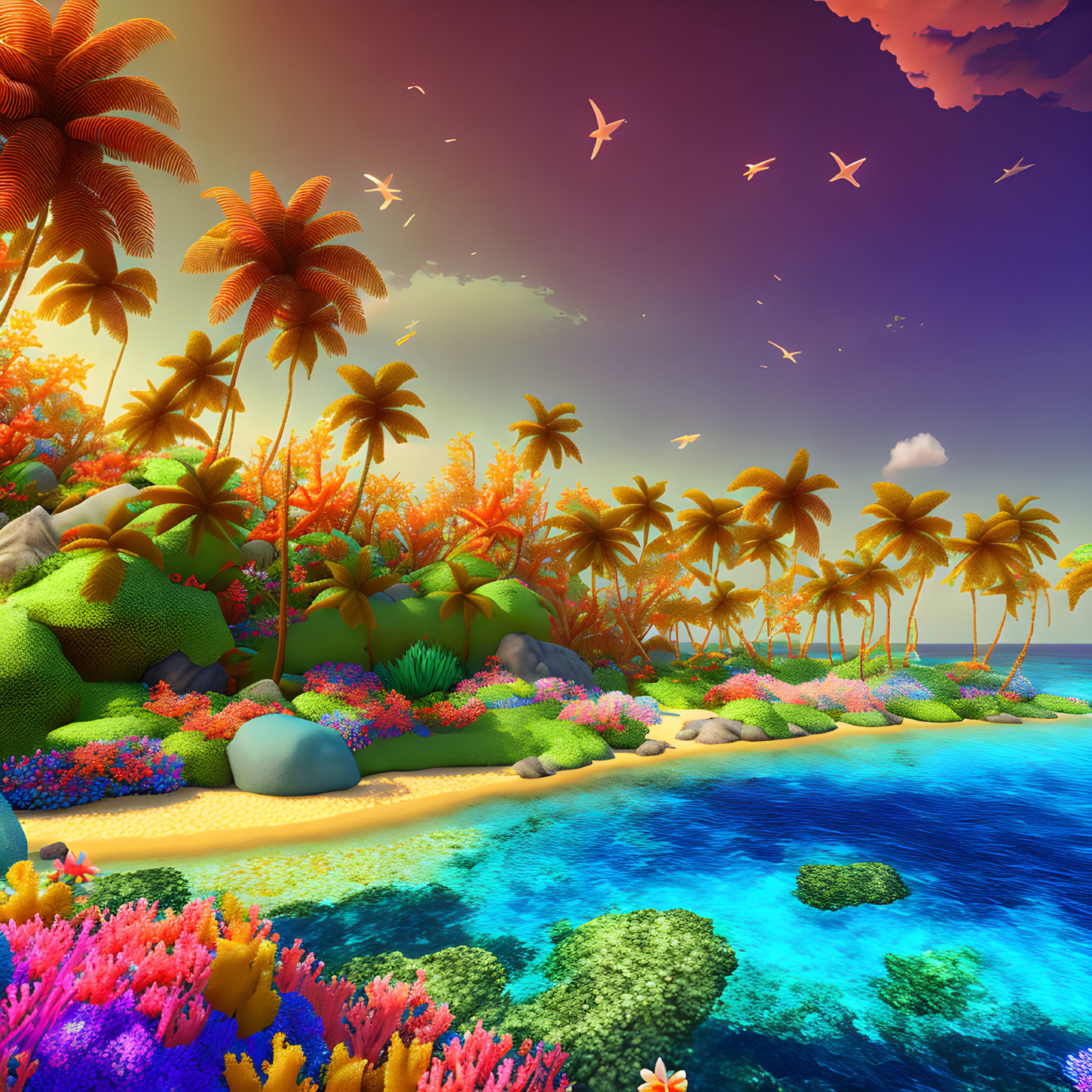 Tropical Beach Sunset with Colorful Flora and Fauna