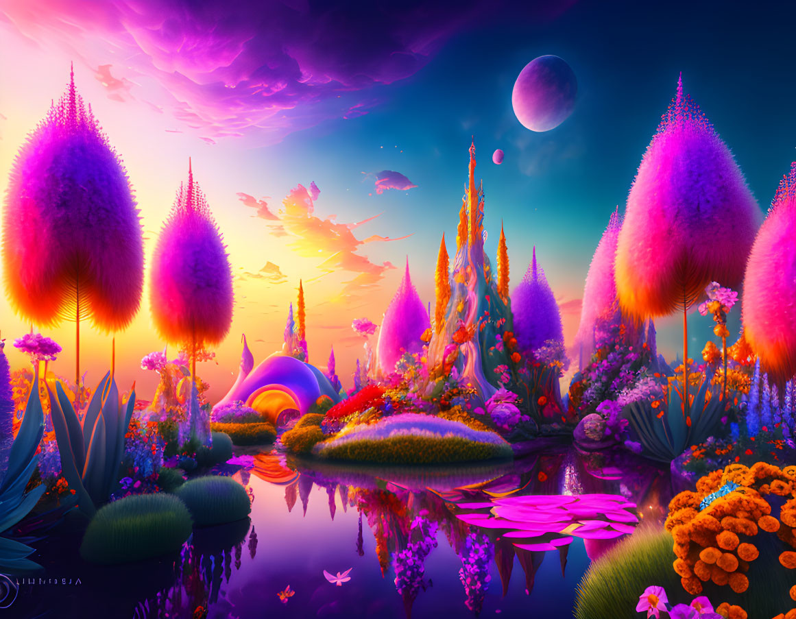 Fantasy landscape with whimsical flora, reflective water, purple sky, distant planets