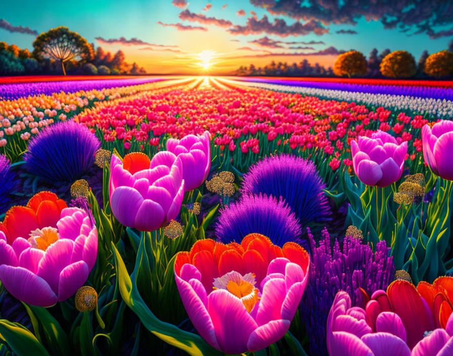 Colorful Tulip Field at Sunset with Trees and Radiant Sky