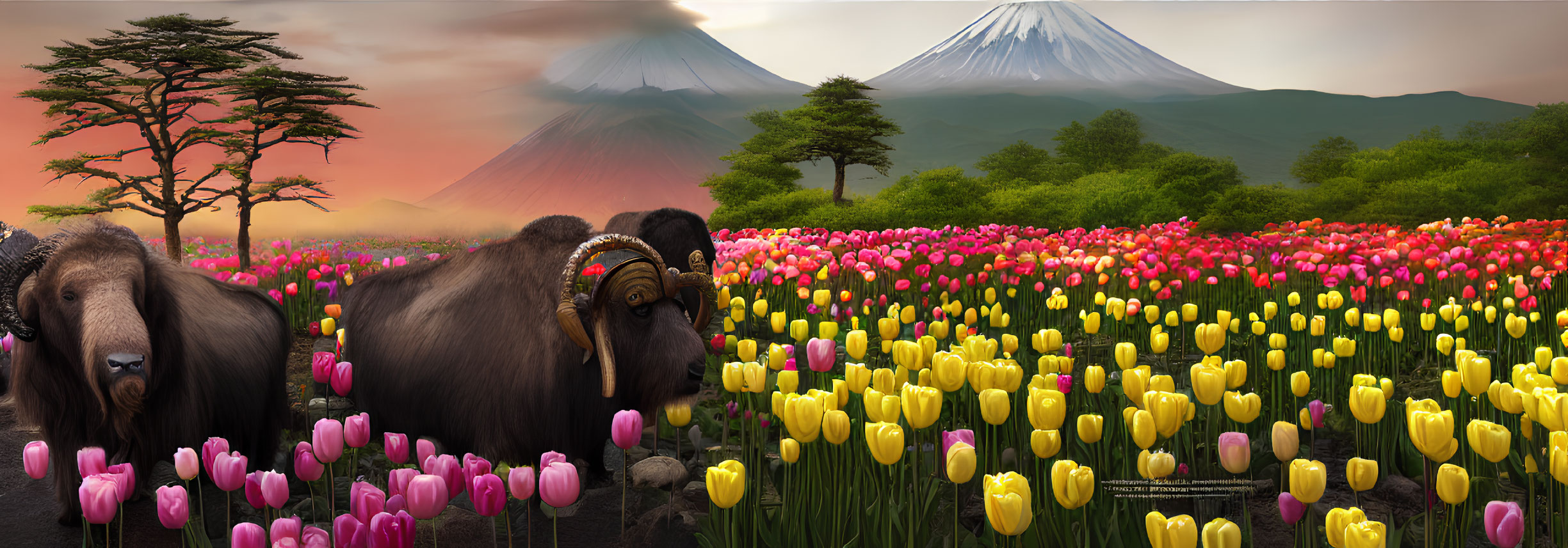 Majestic muskox in tulip field with snow-capped volcanoes at sunset