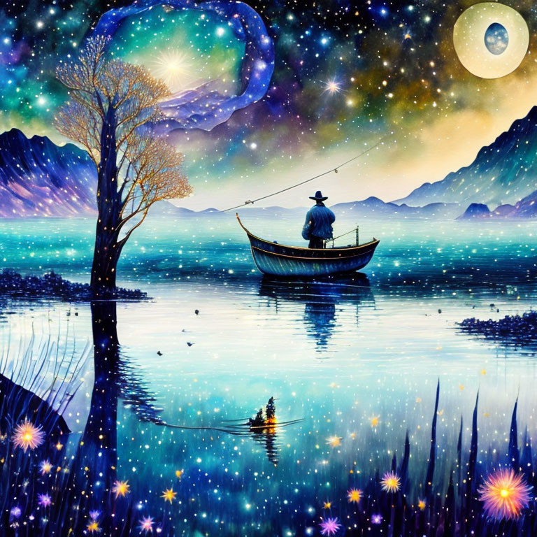 Night scene: person fishing on starlit lake with mountains and crescent moon