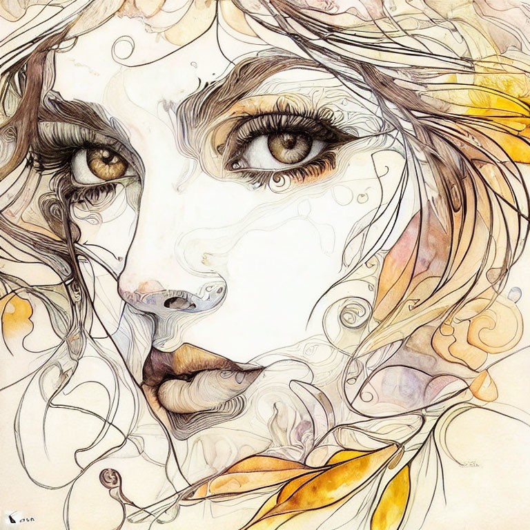 Detailed watercolor portrait of a woman's face with intricate eyes and floral swirls.