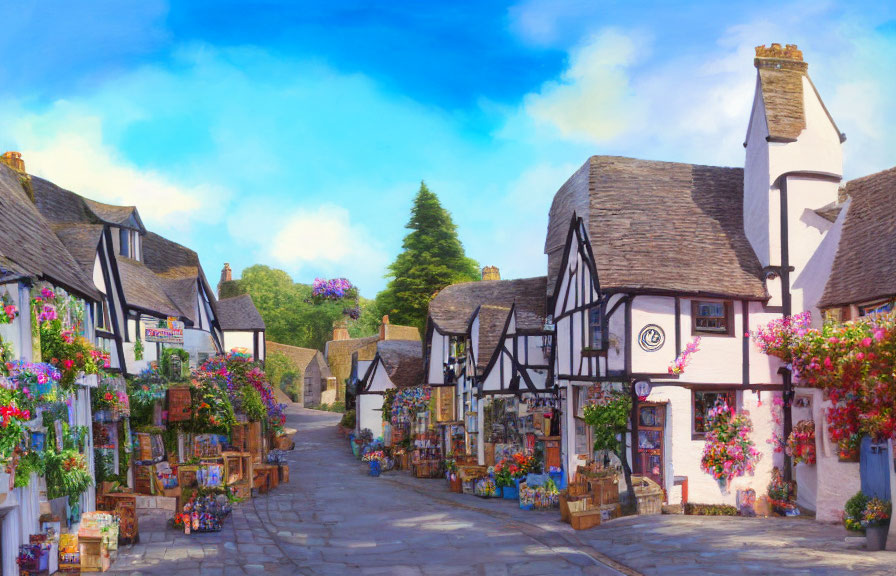 Picturesque village street lined with half-timbered buildings and colorful flowers under a blue sky