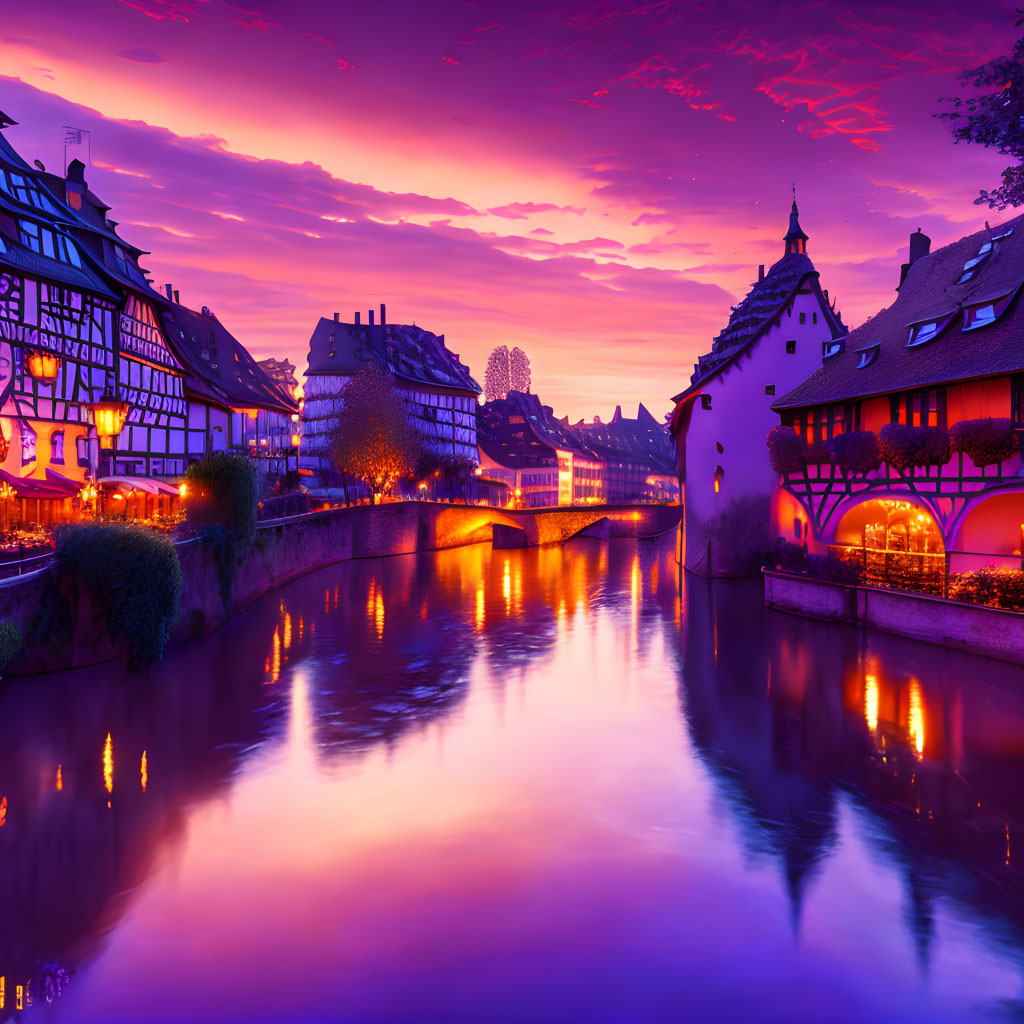 Picturesque European town: vibrant sunset, serene river, traditional houses, illuminated lights.