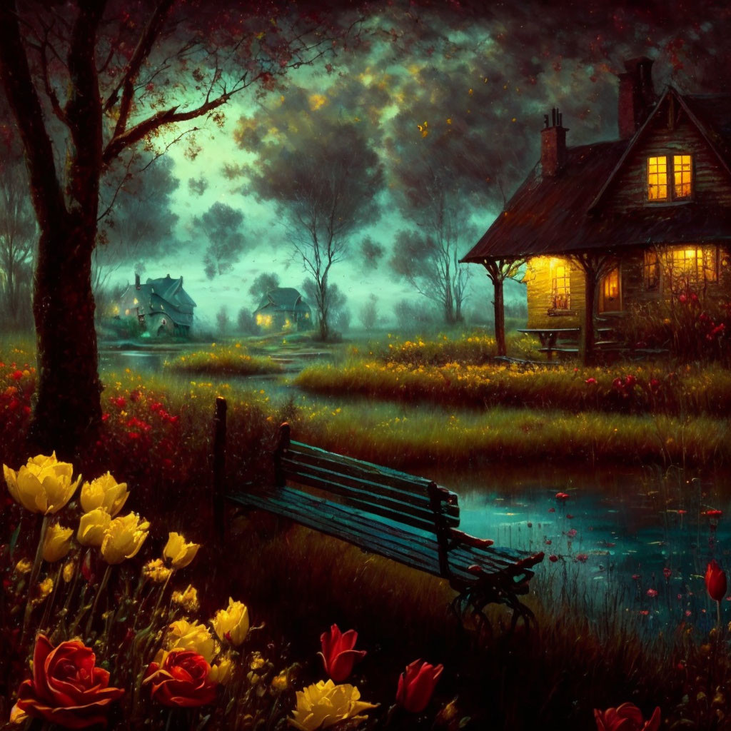 Tranquil night scene: cottage by pond with starry sky