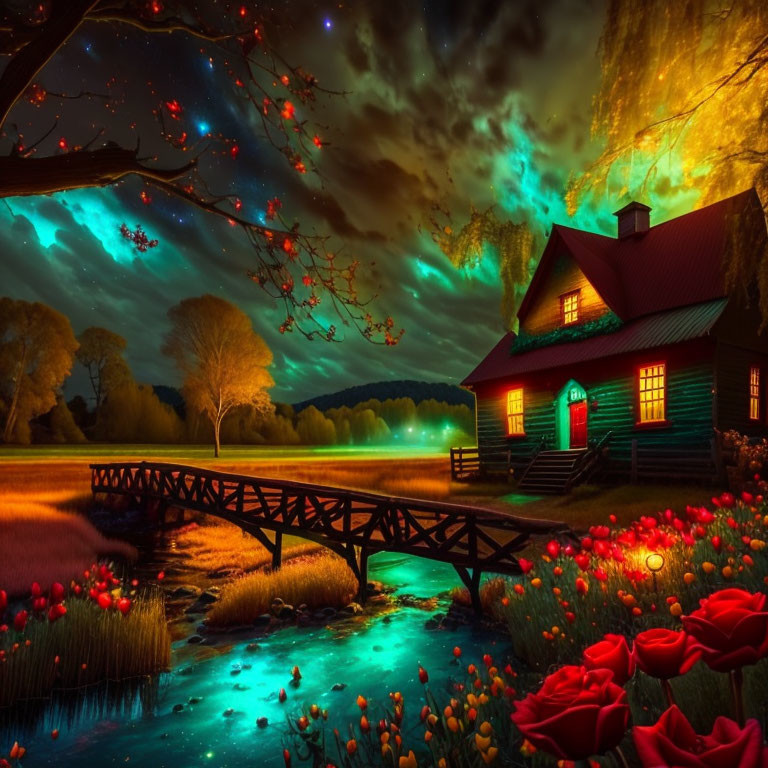 Charming house by wooden bridge in field of red flowers at night