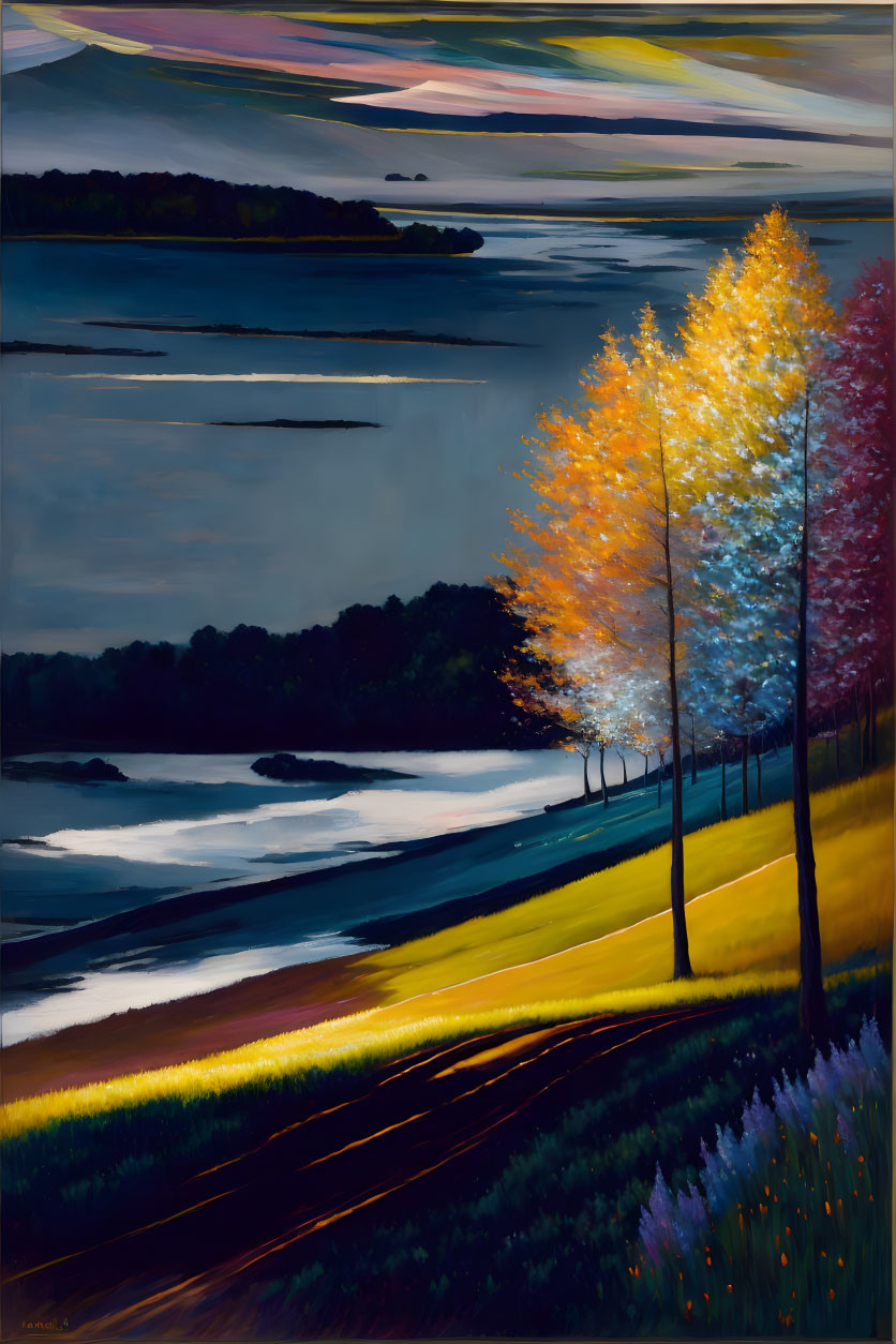 Colorful Autumn Riverside Painting with Serene River at Dusk