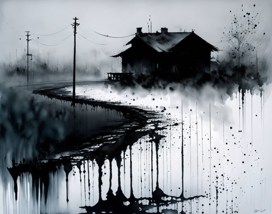 Monochromatic watercolor painting of misty rural scene with house, utility poles, and reflective road