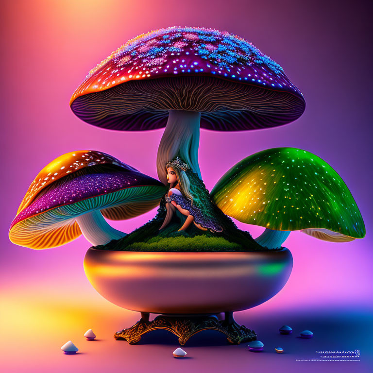 Colorful digital artwork: Female character under giant glowing mushrooms