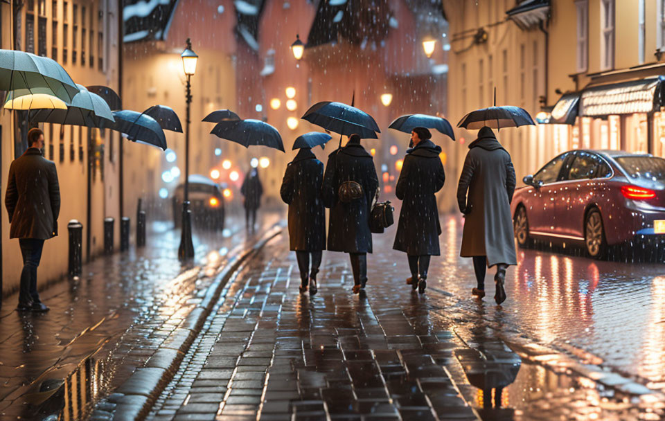 Rainy night city street scene with people and umbrellas.