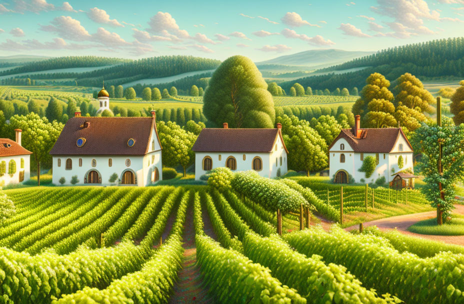 Scenic Vineyard Landscape with White Houses and Green Trees