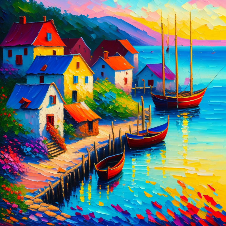 Impressionistic coastal village painting at sunset