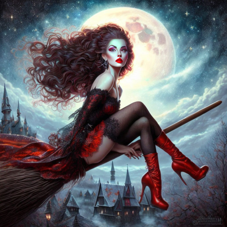 Stylized woman on broomstick in red and black attire against moonlit sky