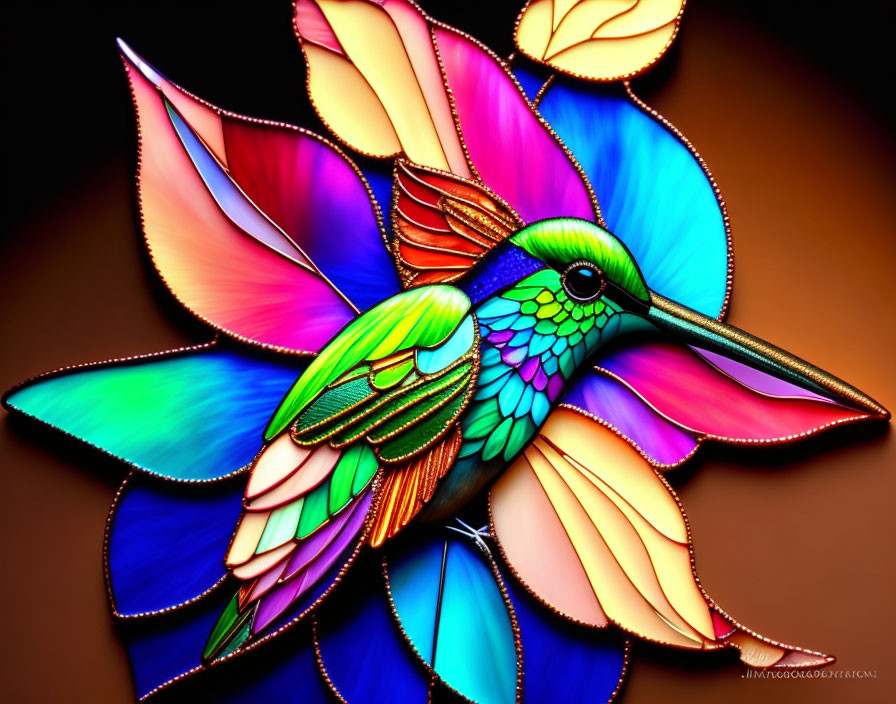 Colorful Hummingbird Artwork with Stylized Flower